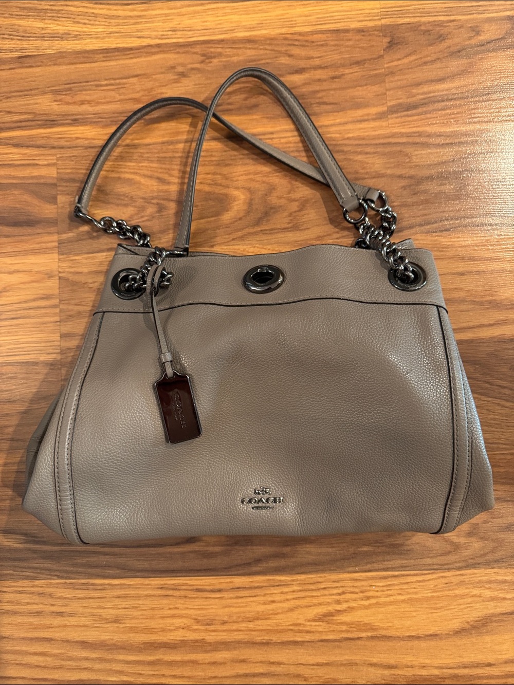 Coach Gray Pebbled Leather Shoulder Bag with Chain Straps
